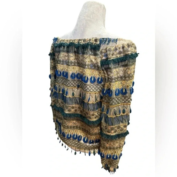 Alice + Olivia Mixed Media Boho Beaded Fringe Blouse size S - Picture 9 of 16
